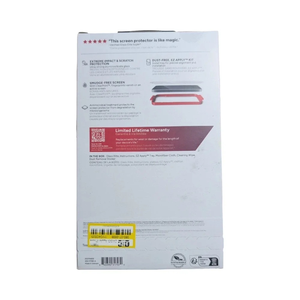 Aa9-N ZAGG InvisibleShield Glass Elite Screen Protector iPhone 16 plus / 15 Plus